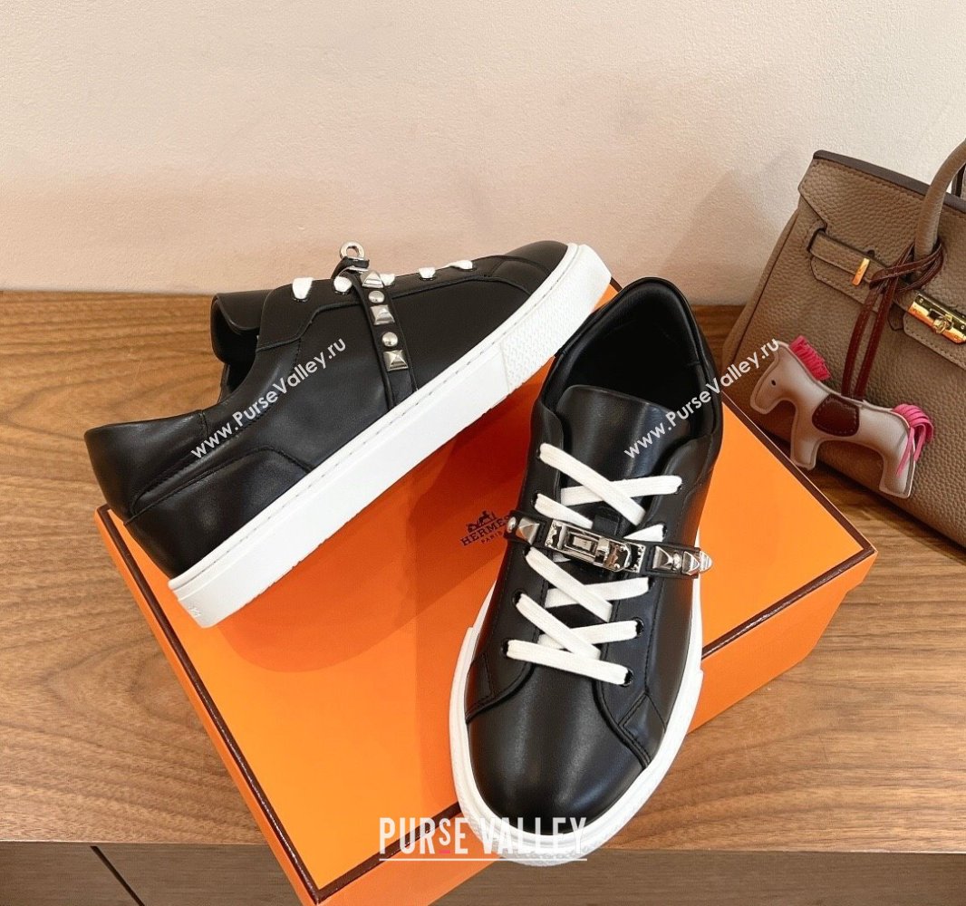 Hermes Day Sneakers with Studs Kelly Buckle in Calfskin Leather Black 2025 0419 (XC-250419002)
