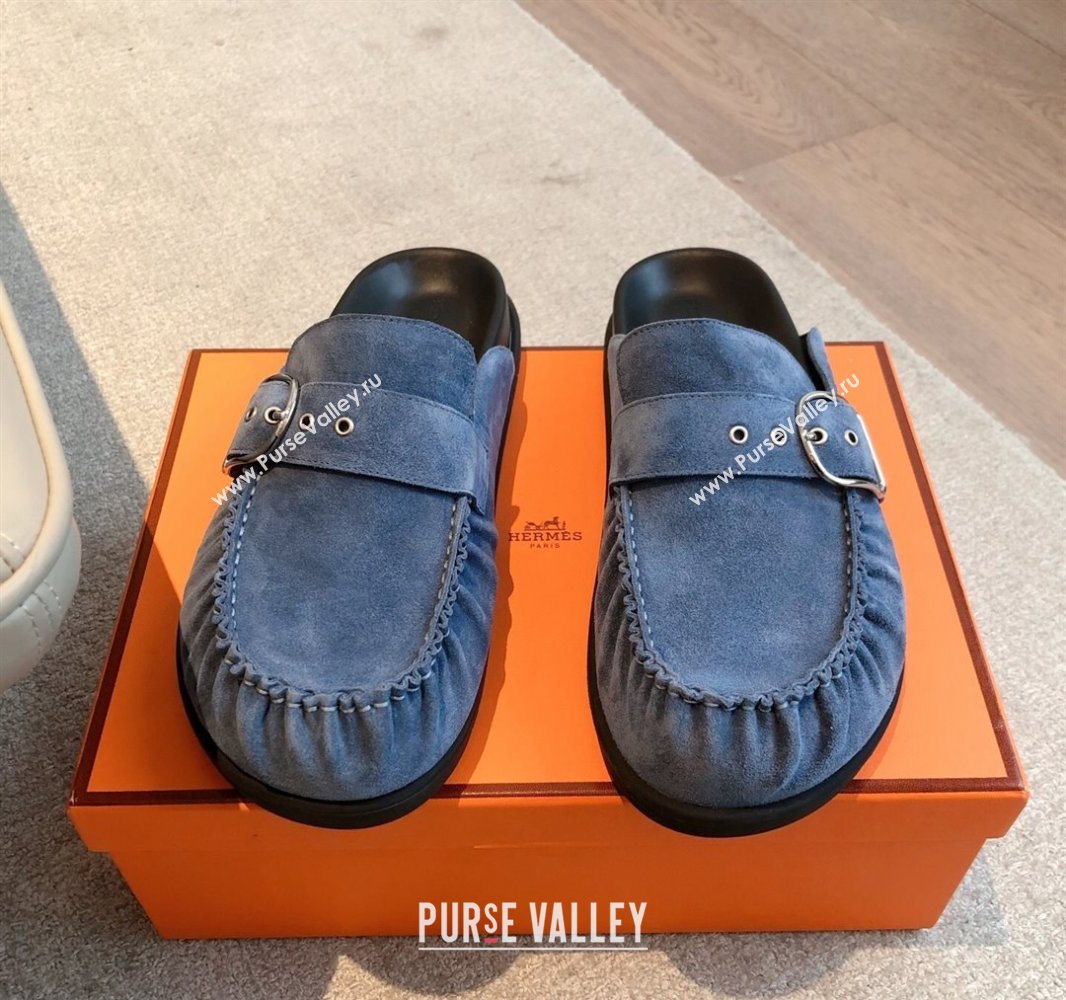 Hermes Key Flat Mules in Suede with Buckle Blue 2025 0418 (XC-250418111)