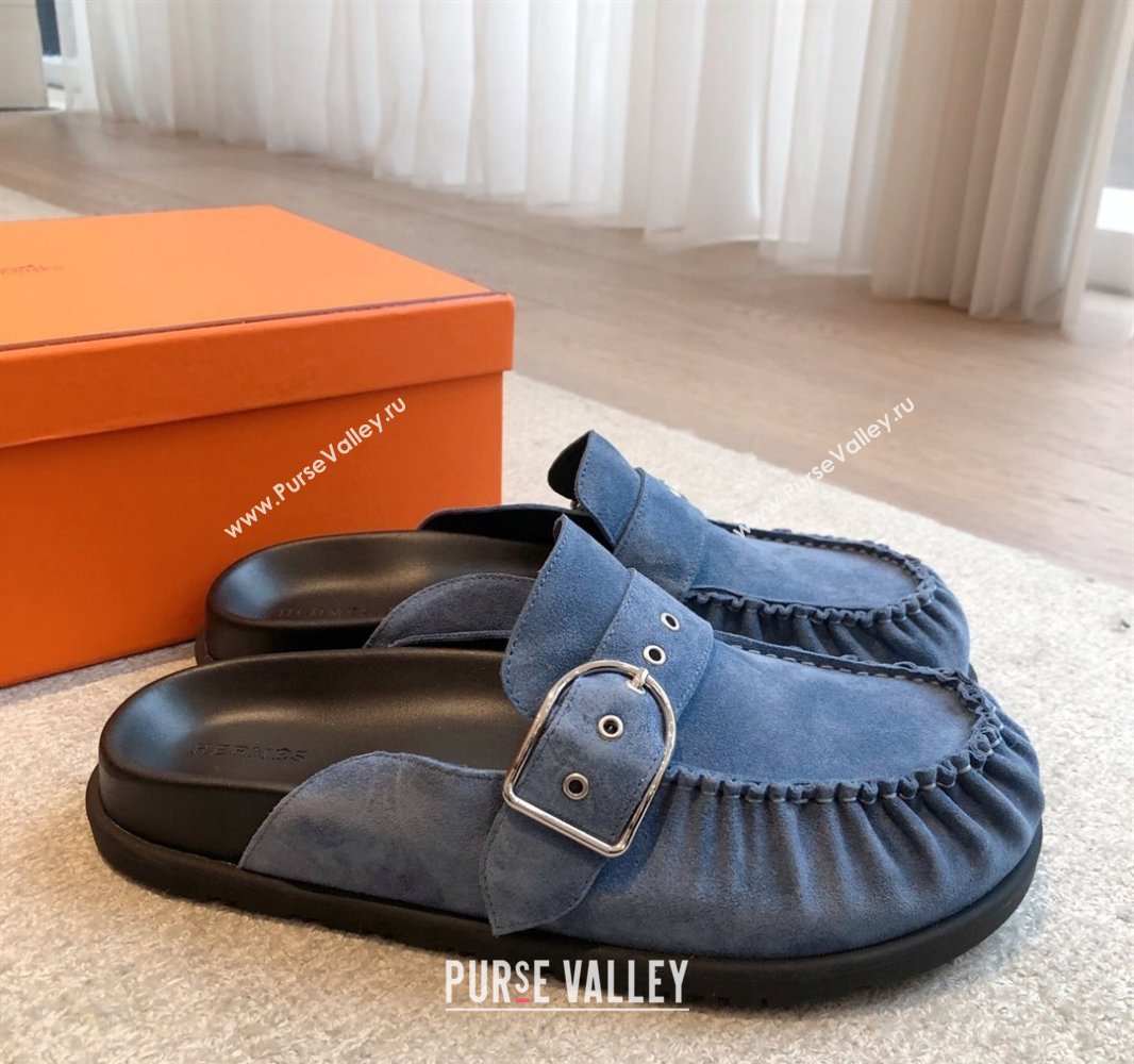 Hermes Key Flat Mules in Suede with Buckle Blue 2025 0418 (XC-250418111)