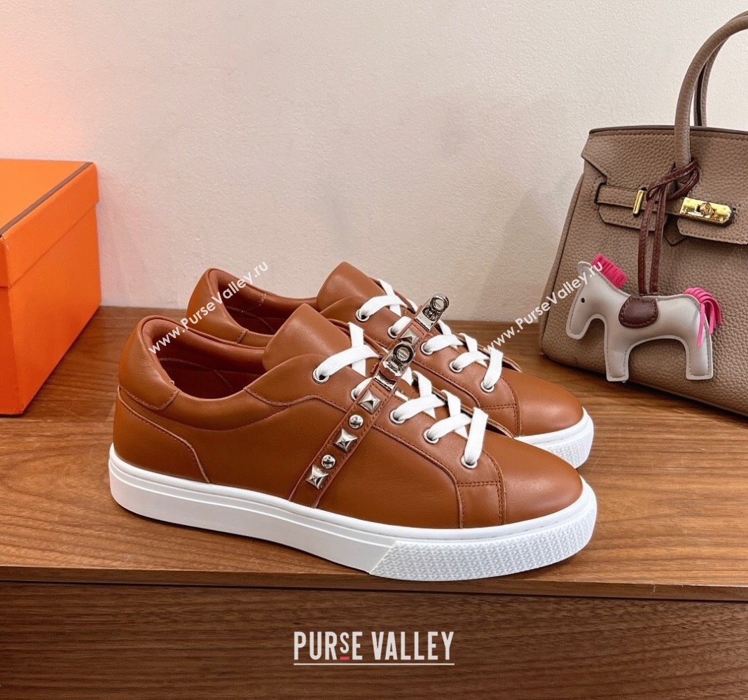 Hermes Day Sneakers with Studs Kelly Buckle in Calfskin Leather Brown 2025 0419 (XC-250419004)