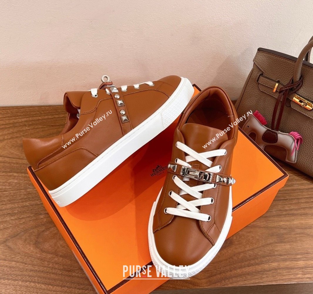 Hermes Day Sneakers with Studs Kelly Buckle in Calfskin Leather Brown 2025 0419 (XC-250419004)