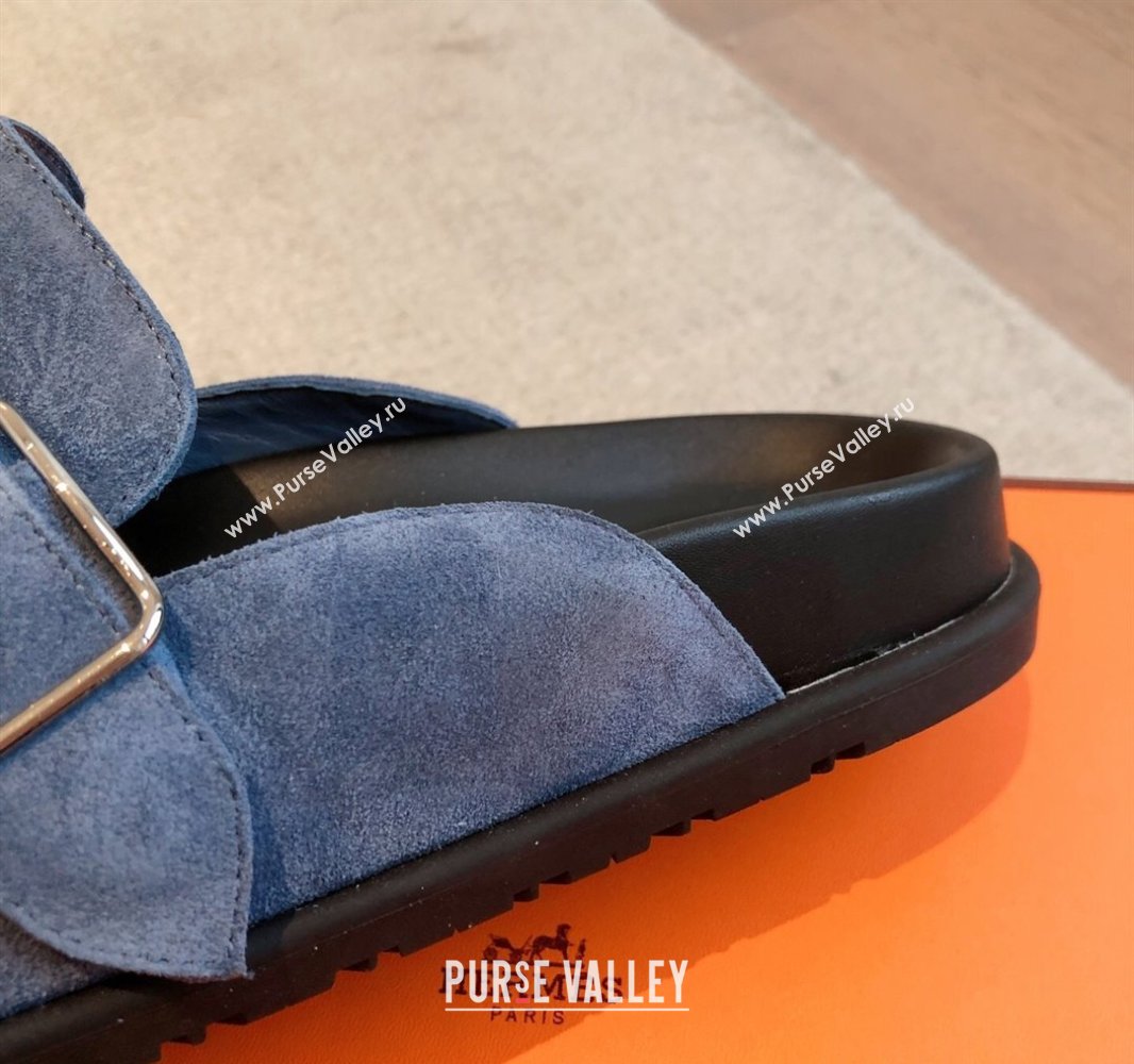 Hermes Key Flat Mules in Suede with Buckle Blue 2025 0418 (XC-250418111)