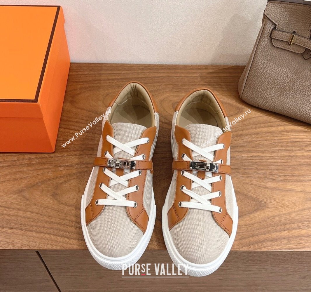 Hermes Day Sneakers with Studs Kelly Buckle in Calfskin and Canvas Beige/Brown 2025 0419 (XC-250419007)
