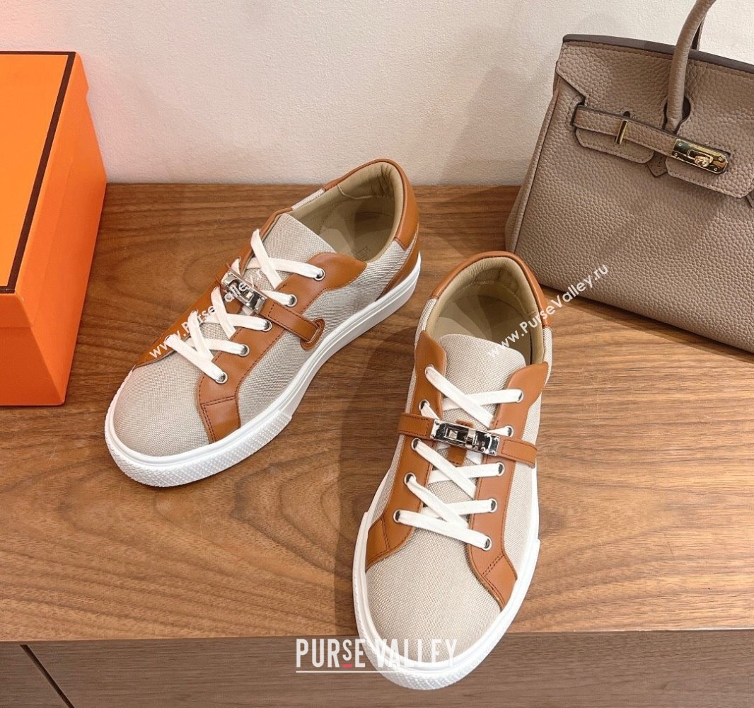 Hermes Day Sneakers with Studs Kelly Buckle in Calfskin and Canvas Beige/Brown 2025 0419 (XC-250419007)