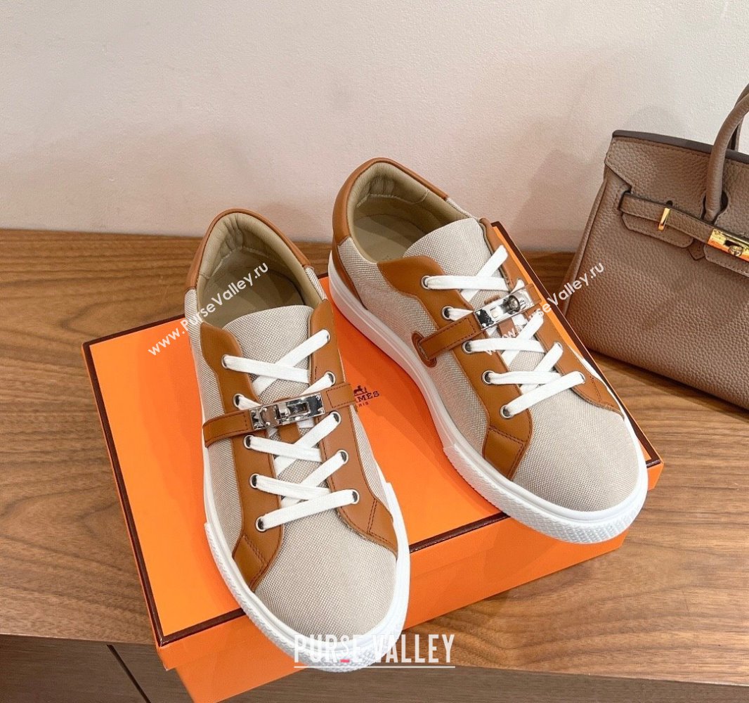 Hermes Day Sneakers with Studs Kelly Buckle in Calfskin and Canvas Beige/Brown 2025 0419 (XC-250419007)