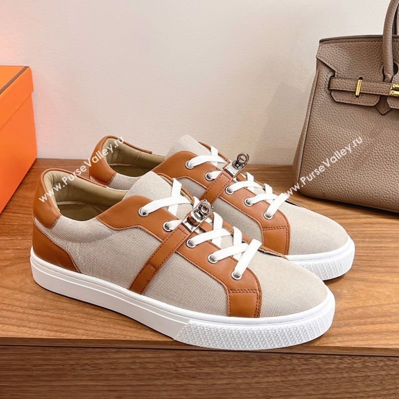 Hermes Day Sneakers with Studs Kelly Buckle in Calfskin and Canvas Beige/Brown 2025 0419 (XC-250419007)