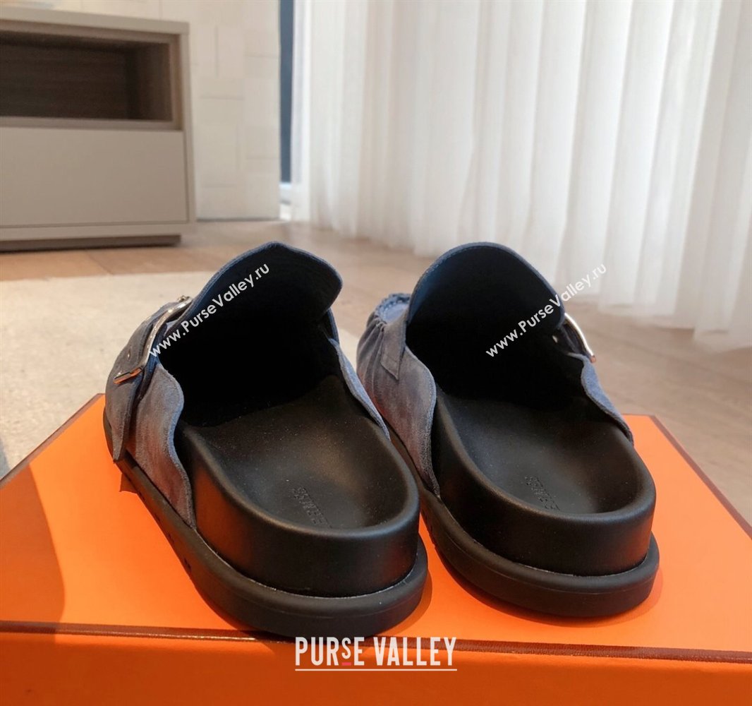 Hermes Key Flat Mules in Suede with Buckle Blue 2025 0418 (XC-250418111)