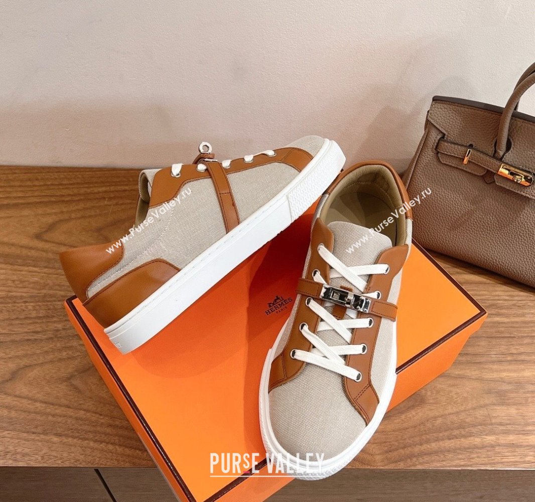 Hermes Day Sneakers with Studs Kelly Buckle in Calfskin and Canvas Beige/Brown 2025 0419 (XC-250419007)