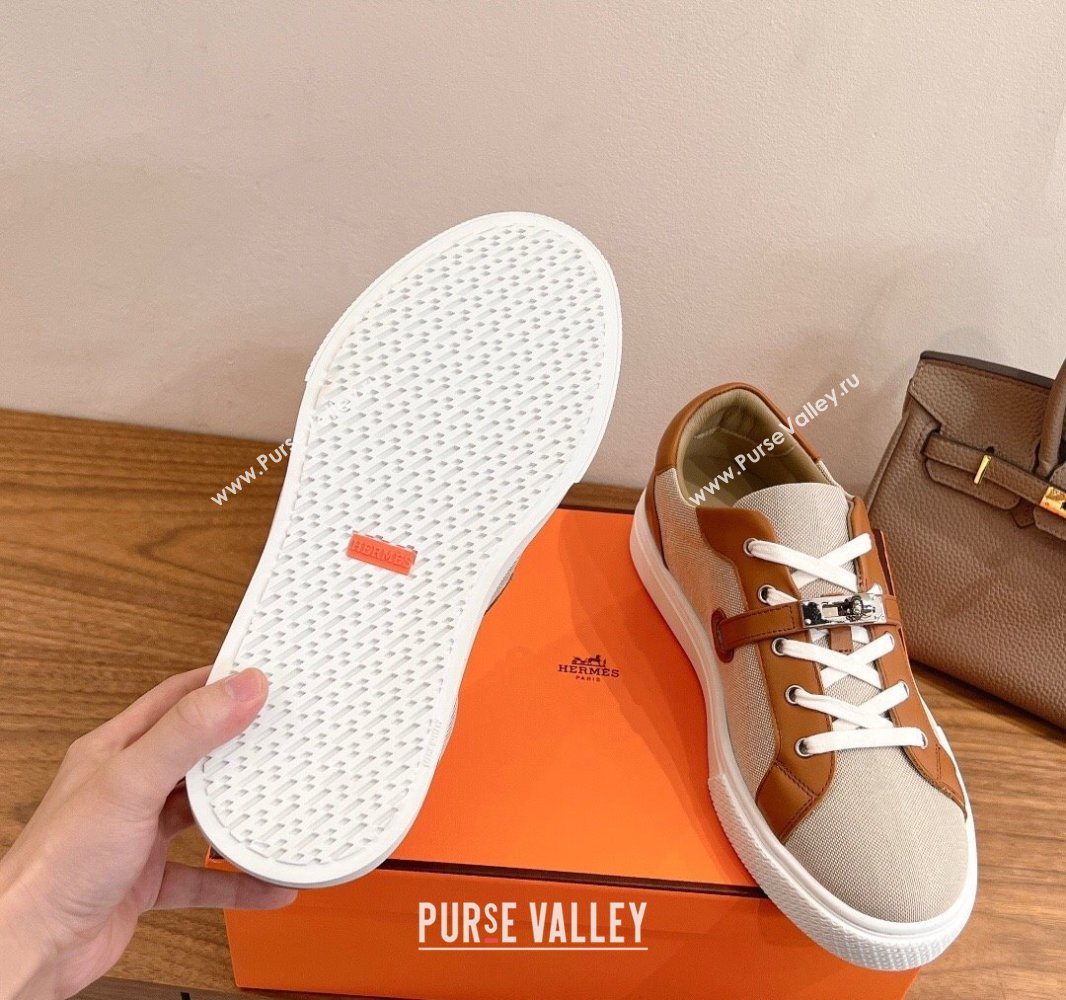 Hermes Day Sneakers with Studs Kelly Buckle in Calfskin and Canvas Beige/Brown 2025 0419 (XC-250419007)