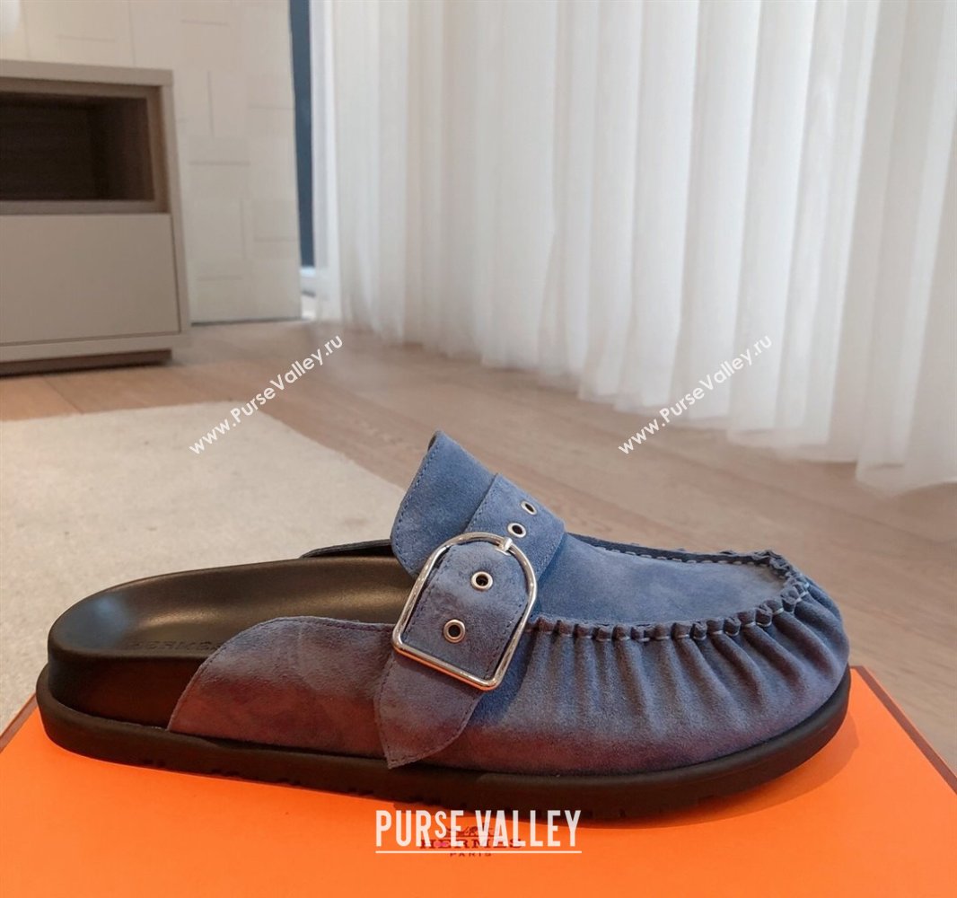 Hermes Key Flat Mules in Suede with Buckle Blue 2025 0418 (XC-250418111)