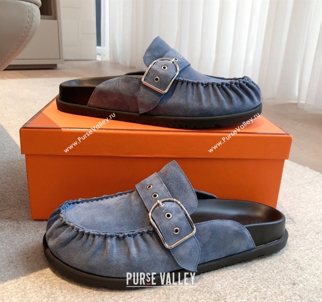 Hermes Key Flat Mules in Suede with Buckle Blue 2025 0418 (XC-250418111)
