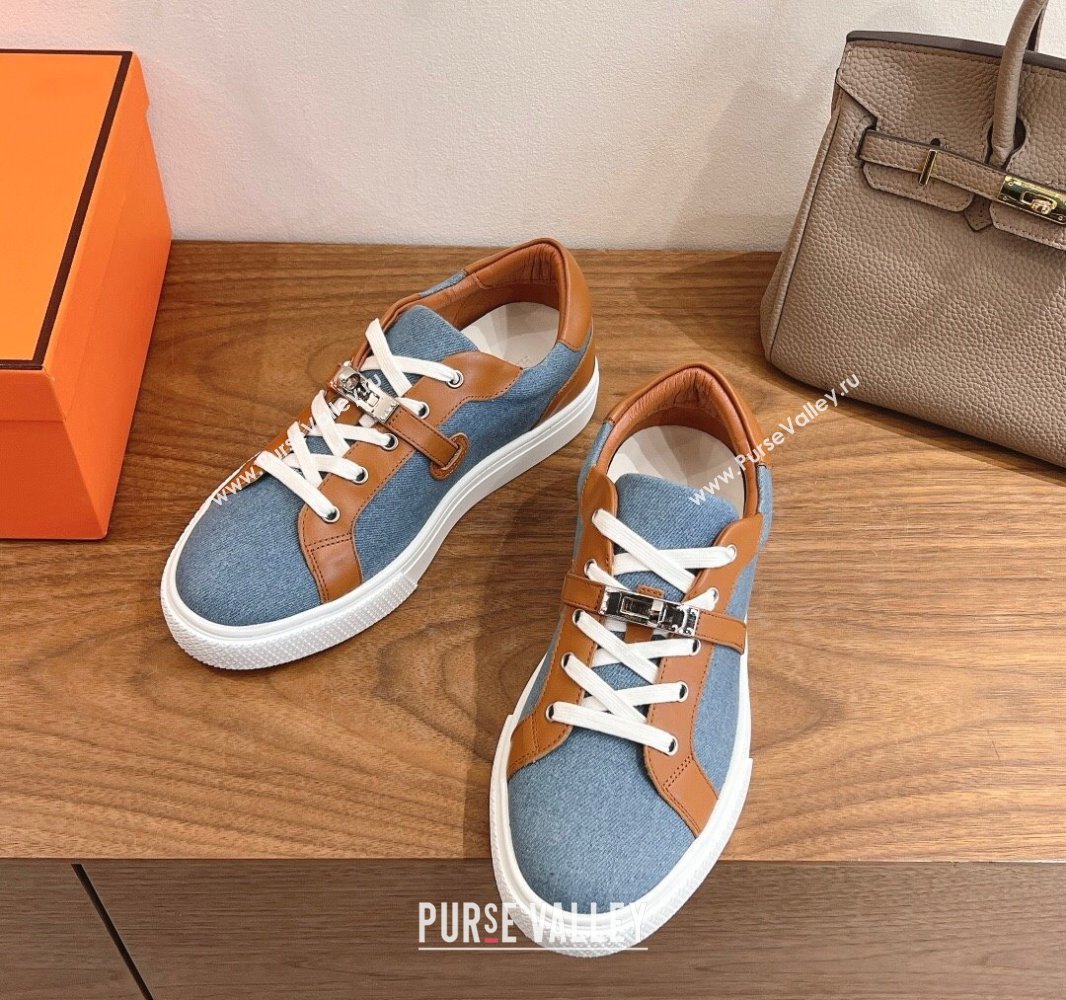 Hermes Day Sneakers with Studs Kelly Buckle in Calfskin and Denim Blue/Brown 2025 0419 (XC-250419010)