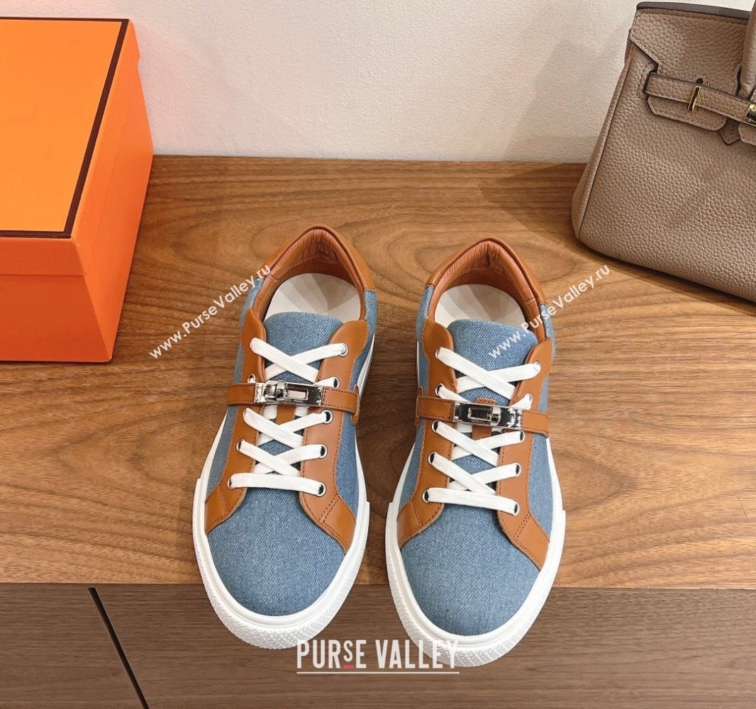 Hermes Day Sneakers with Studs Kelly Buckle in Calfskin and Denim Blue/Brown 2025 0419 (XC-250419010)
