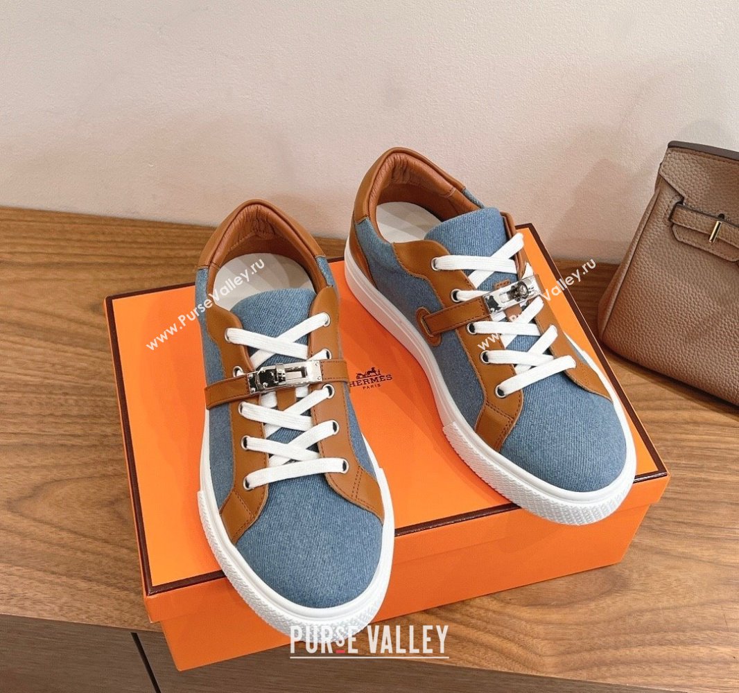 Hermes Day Sneakers with Studs Kelly Buckle in Calfskin and Denim Blue/Brown 2025 0419 (XC-250419010)
