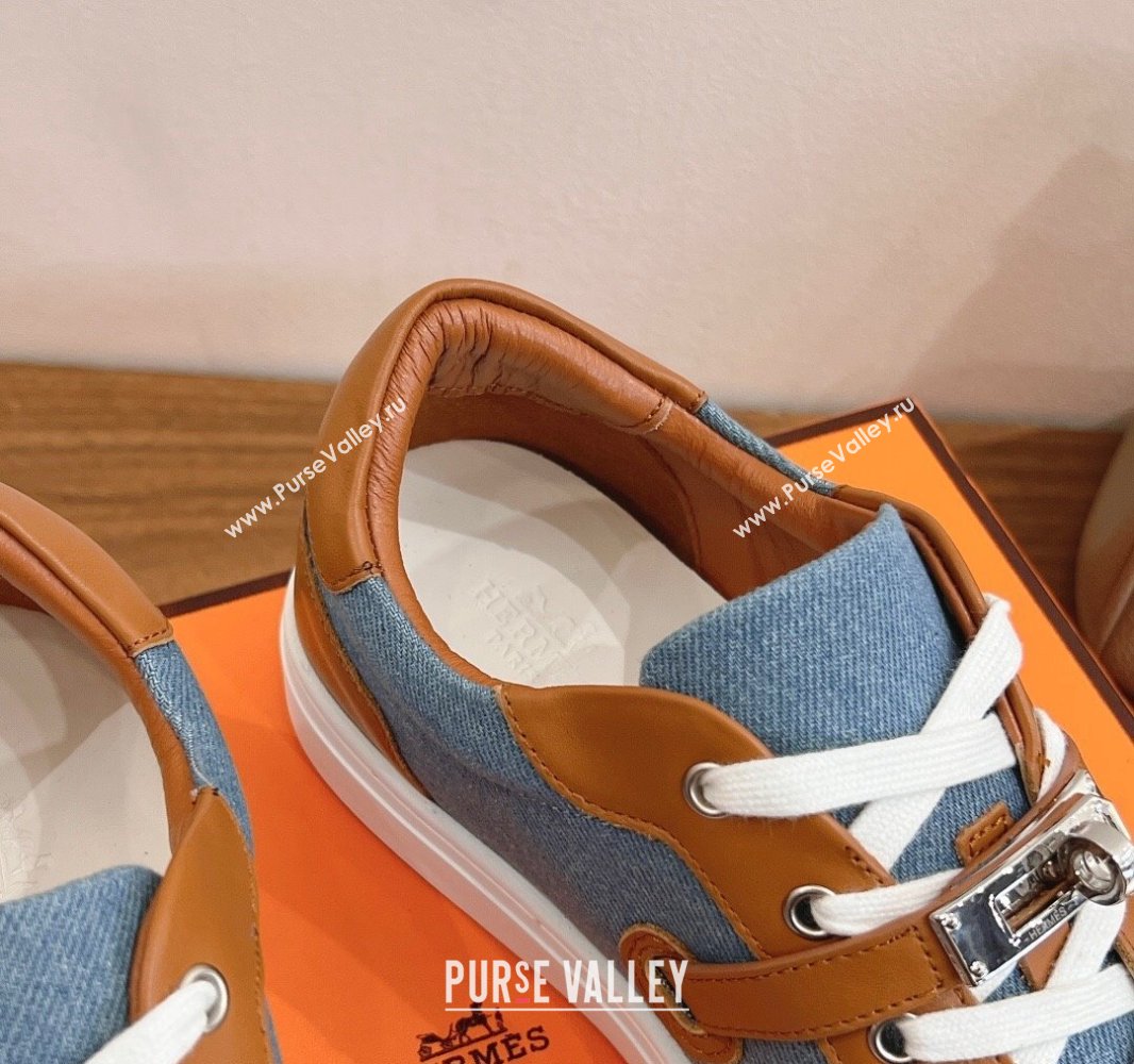 Hermes Day Sneakers with Studs Kelly Buckle in Calfskin and Denim Blue/Brown 2025 0419 (XC-250419010)