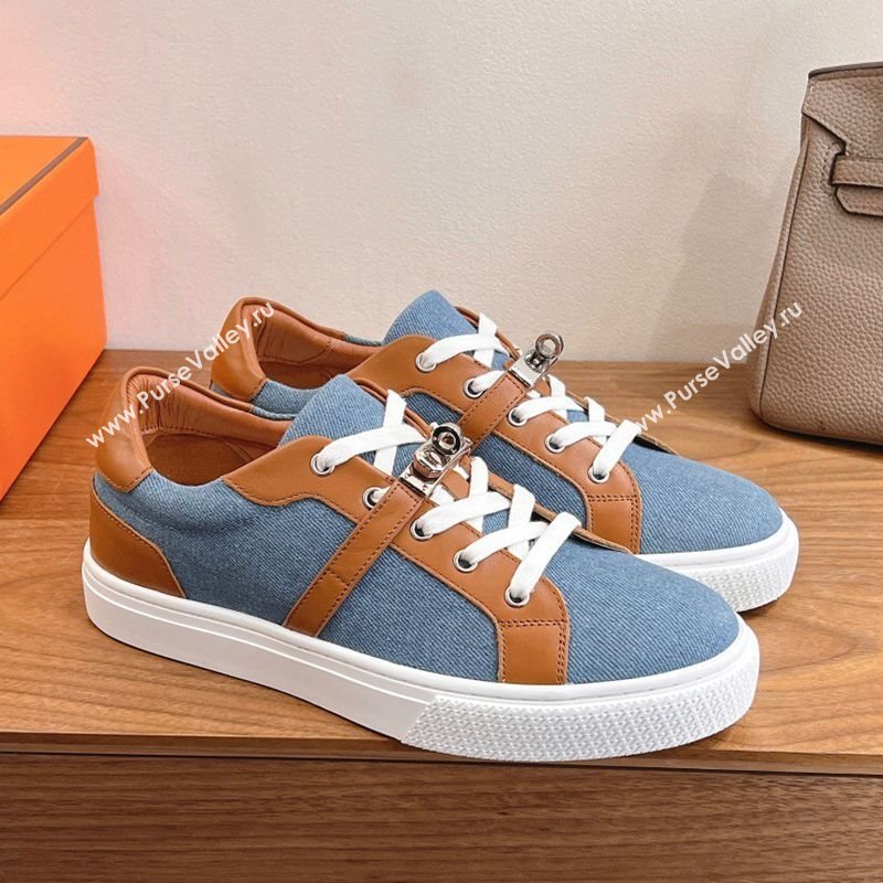 Hermes Day Sneakers with Studs Kelly Buckle in Calfskin and Denim Blue/Brown 2025 0419 (XC-250419010)