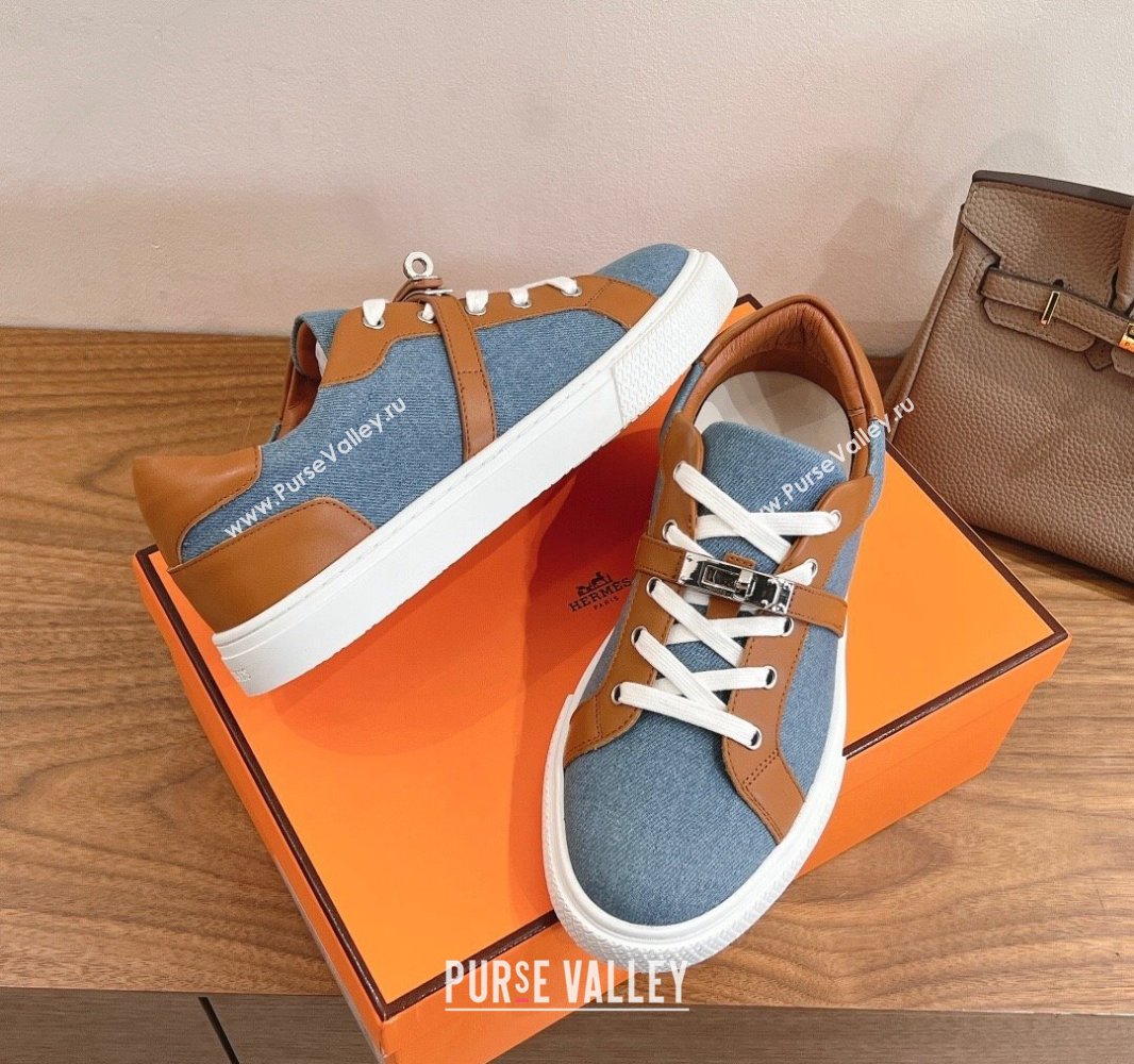 Hermes Day Sneakers with Studs Kelly Buckle in Calfskin and Denim Blue/Brown 2025 0419 (XC-250419010)