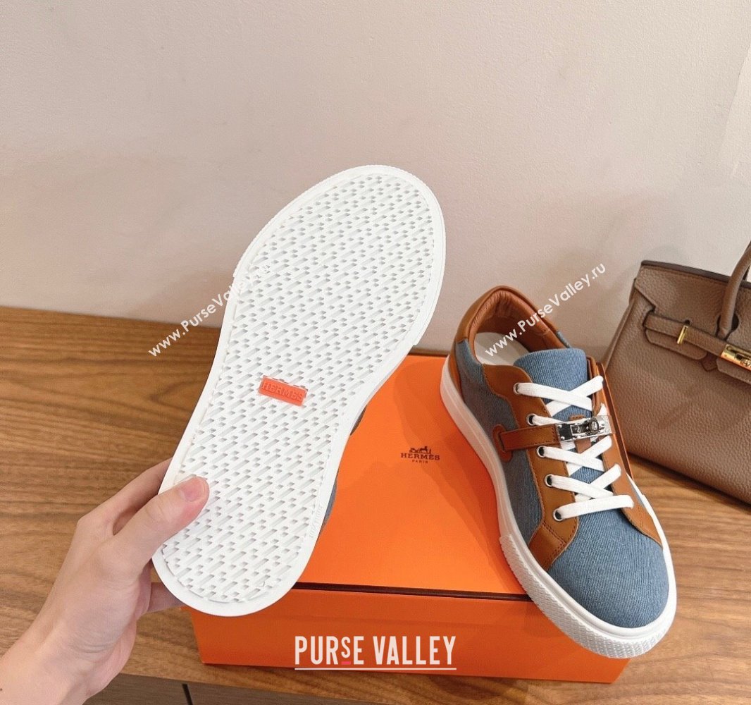 Hermes Day Sneakers with Studs Kelly Buckle in Calfskin and Denim Blue/Brown 2025 0419 (XC-250419010)