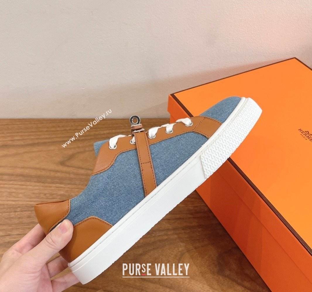 Hermes Day Sneakers with Studs Kelly Buckle in Calfskin and Denim Blue/Brown 2025 0419 (XC-250419010)
