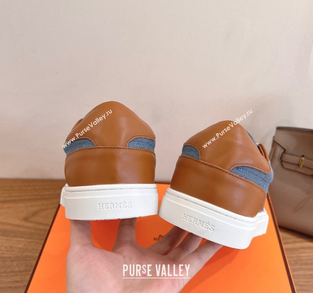 Hermes Day Sneakers with Studs Kelly Buckle in Calfskin and Denim Blue/Brown 2025 0419 (XC-250419010)