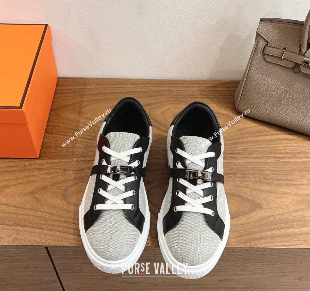 Hermes Day Sneakers with Studs Kelly Buckle in Calfskin and Canvas Grey/Black 2025 0419 (XC-250419011)