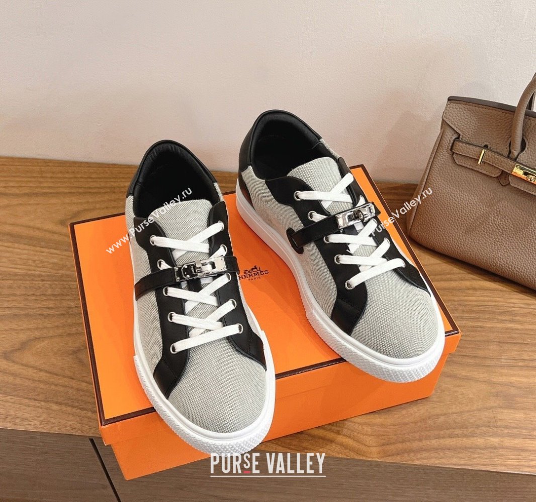 Hermes Day Sneakers with Studs Kelly Buckle in Calfskin and Canvas Grey/Black 2025 0419 (XC-250419011)