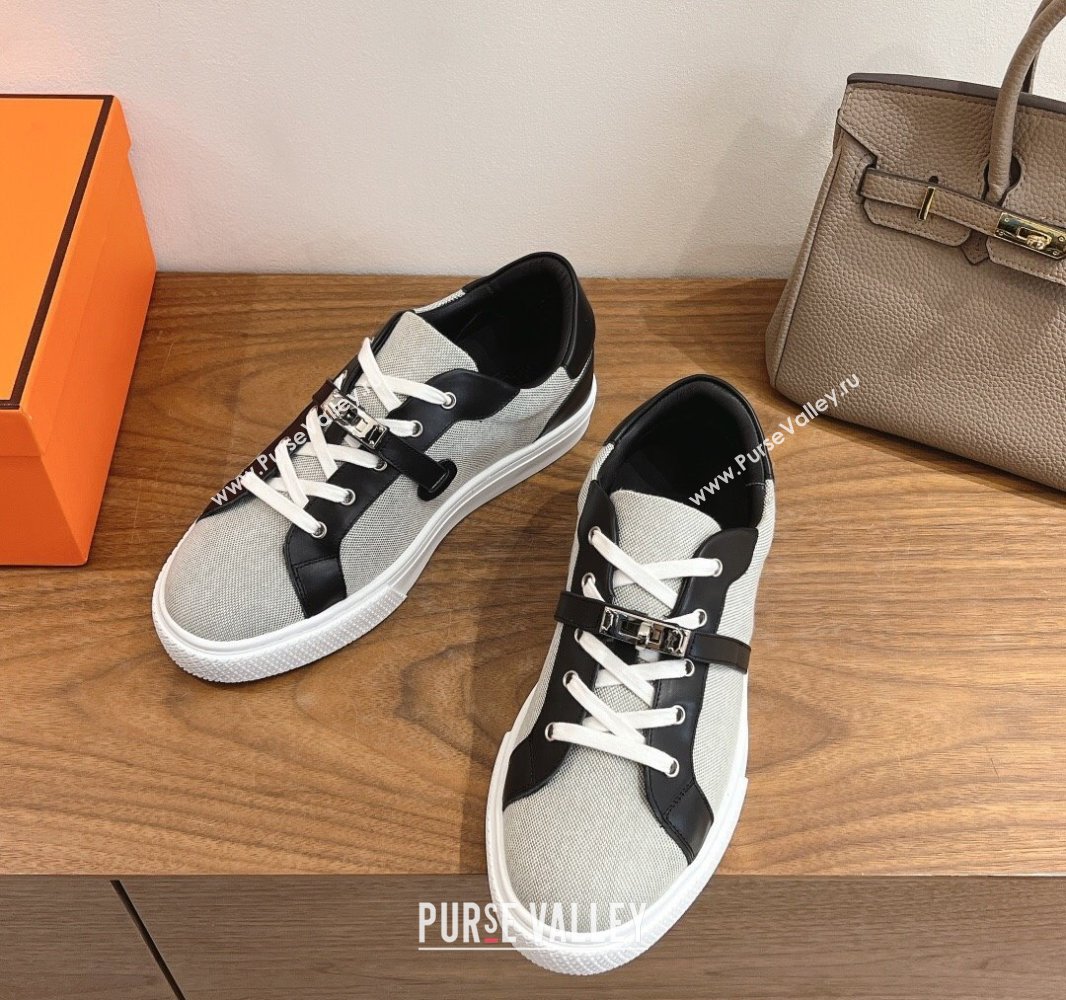 Hermes Day Sneakers with Studs Kelly Buckle in Calfskin and Canvas Grey/Black 2025 0419 (XC-250419011)