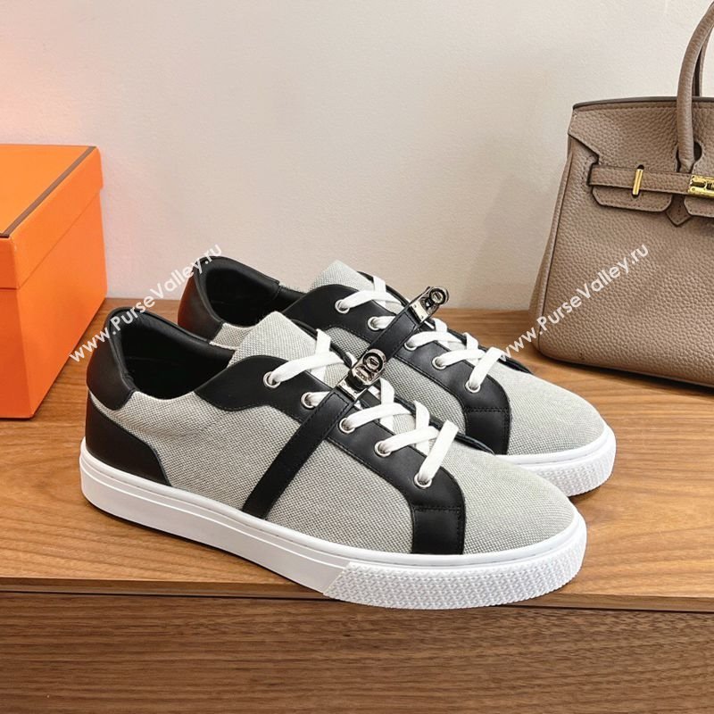 Hermes Day Sneakers with Studs Kelly Buckle in Calfskin and Canvas Grey/Black 2025 0419 (XC-250419011)