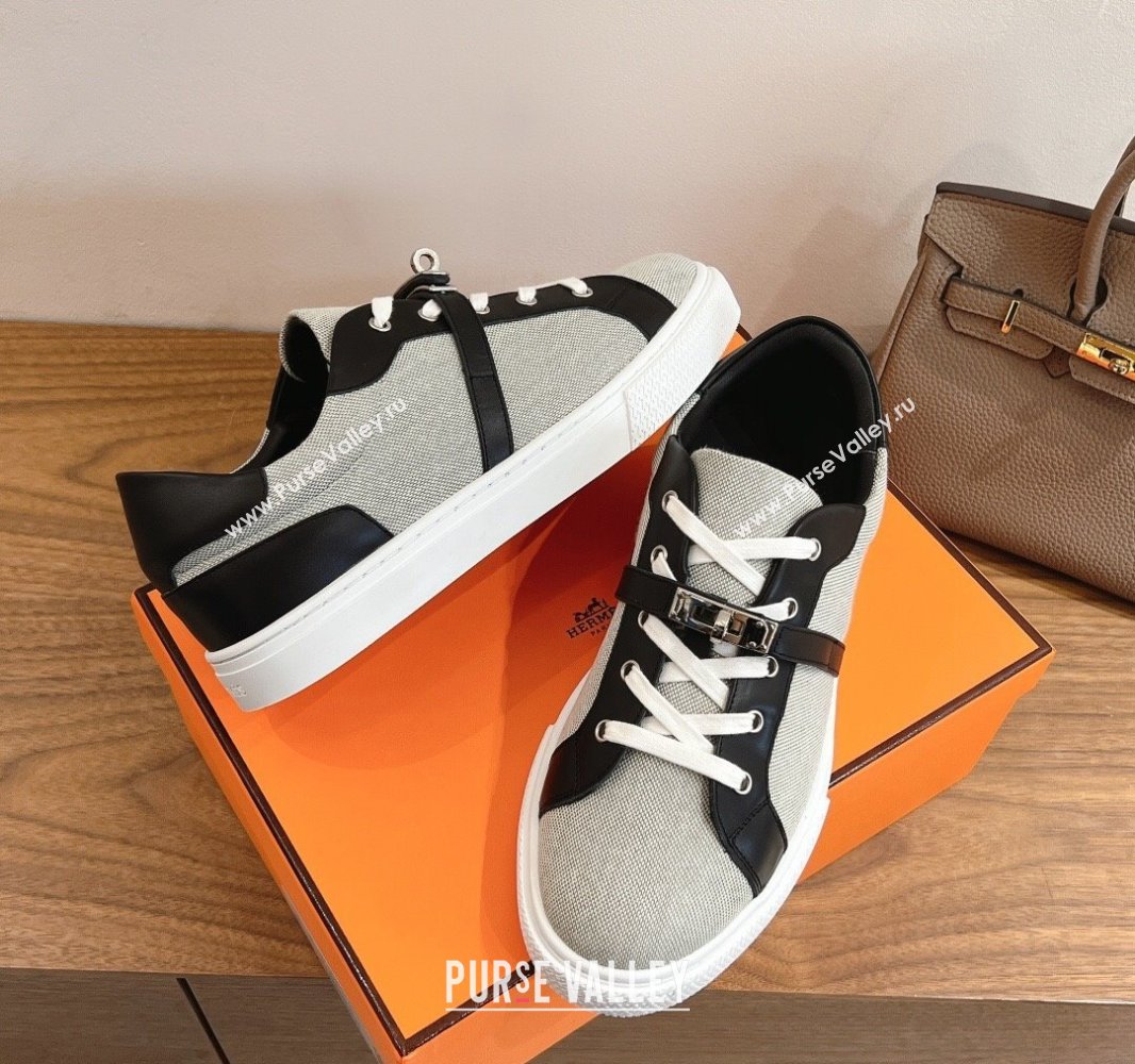 Hermes Day Sneakers with Studs Kelly Buckle in Calfskin and Canvas Grey/Black 2025 0419 (XC-250419011)