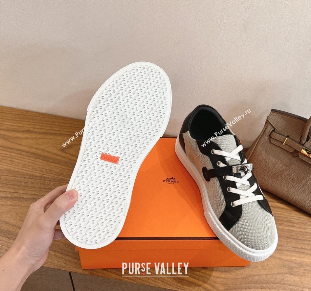 Hermes Day Sneakers with Studs Kelly Buckle in Calfskin and Canvas Grey/Black 2025 0419 (XC-250419011)