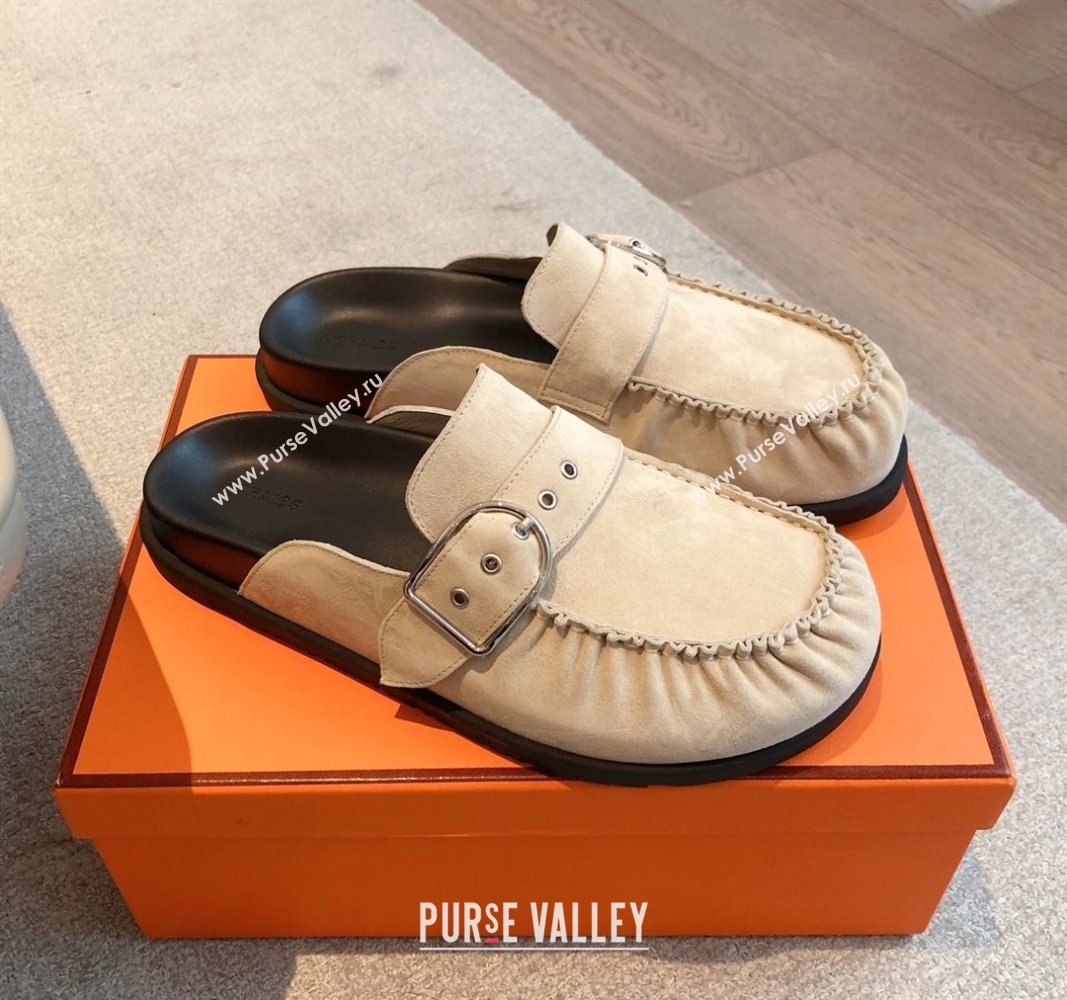 Hermes Key Flat Mules in Suede with Buckle Beige 2025 0418 (XC-250418112)