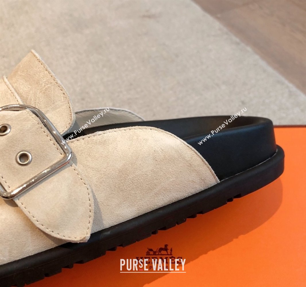 Hermes Key Flat Mules in Suede with Buckle Beige 2025 0418 (XC-250418112)