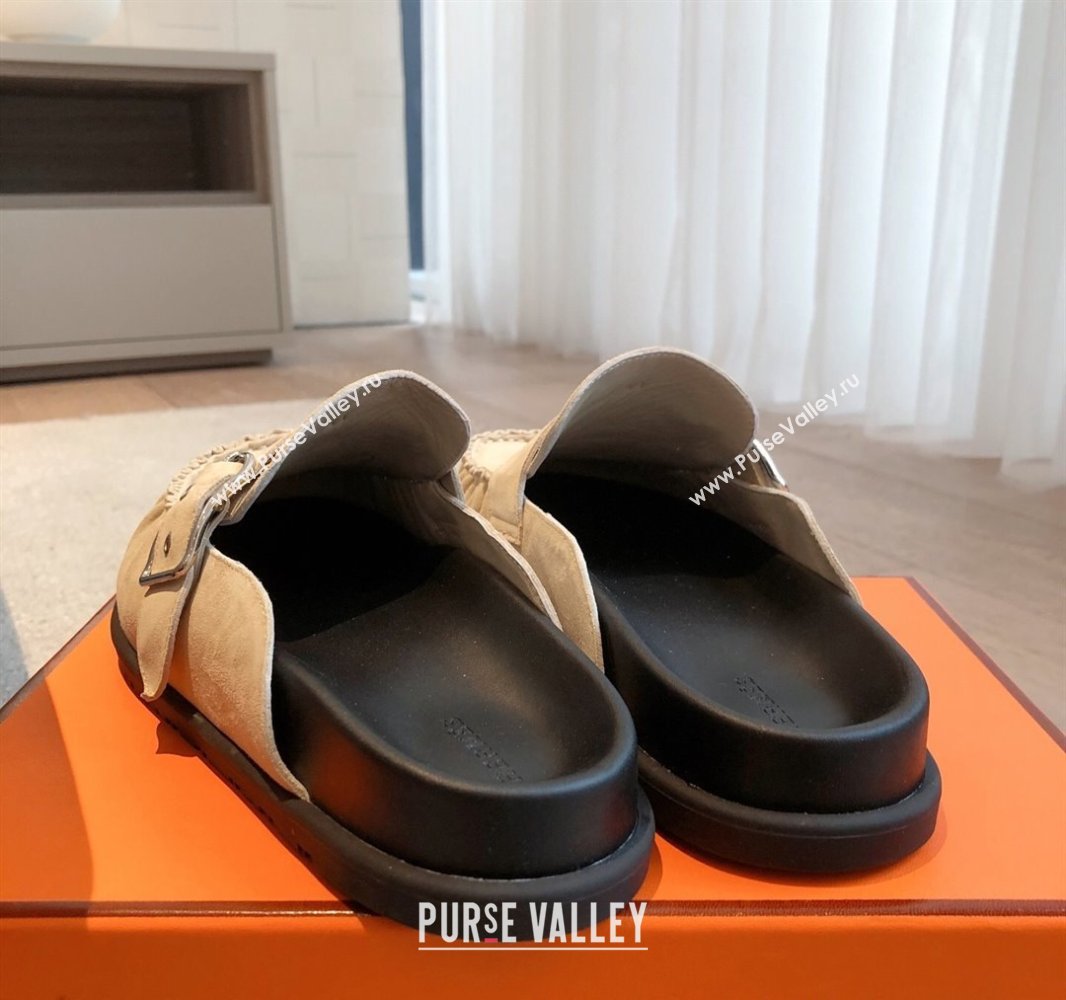 Hermes Key Flat Mules in Suede with Buckle Beige 2025 0418 (XC-250418112)