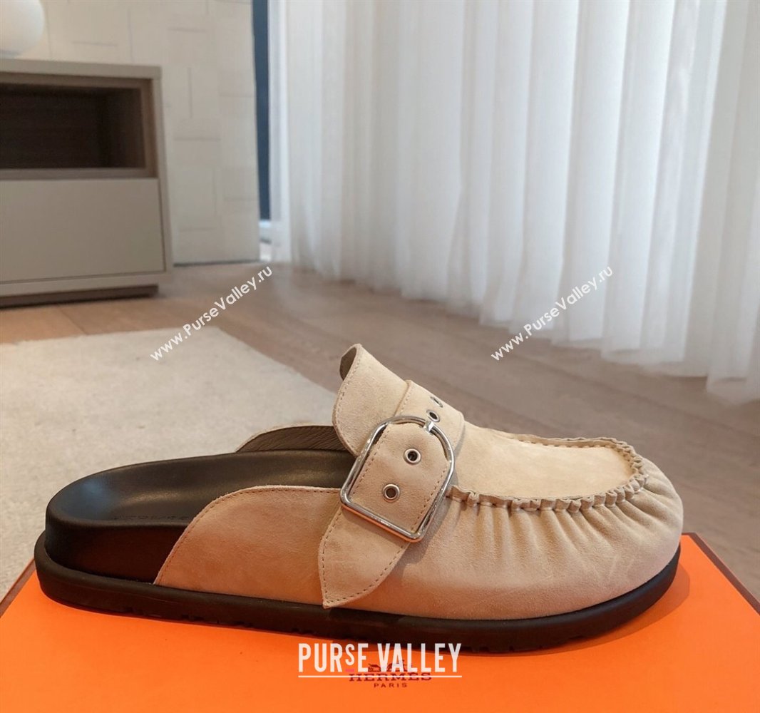 Hermes Key Flat Mules in Suede with Buckle Beige 2025 0418 (XC-250418112)