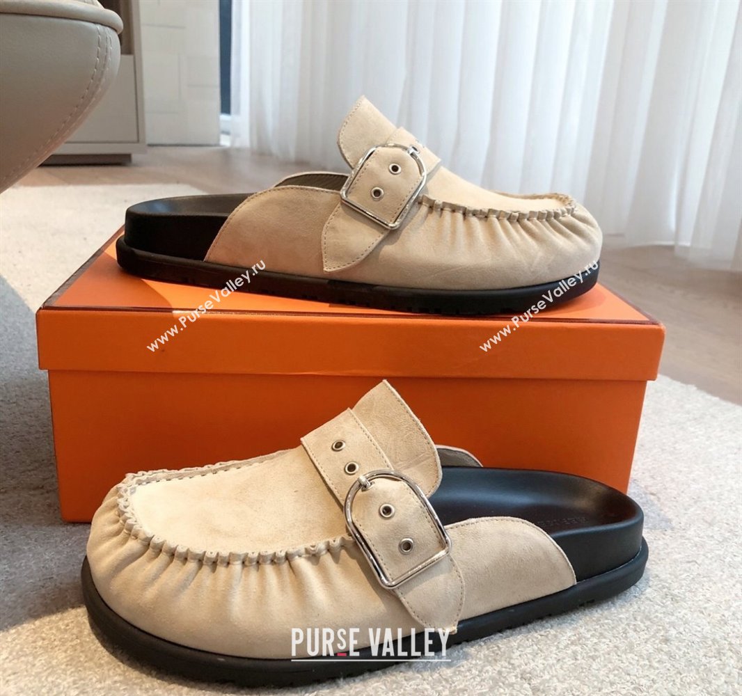 Hermes Key Flat Mules in Suede with Buckle Beige 2025 0418 (XC-250418112)