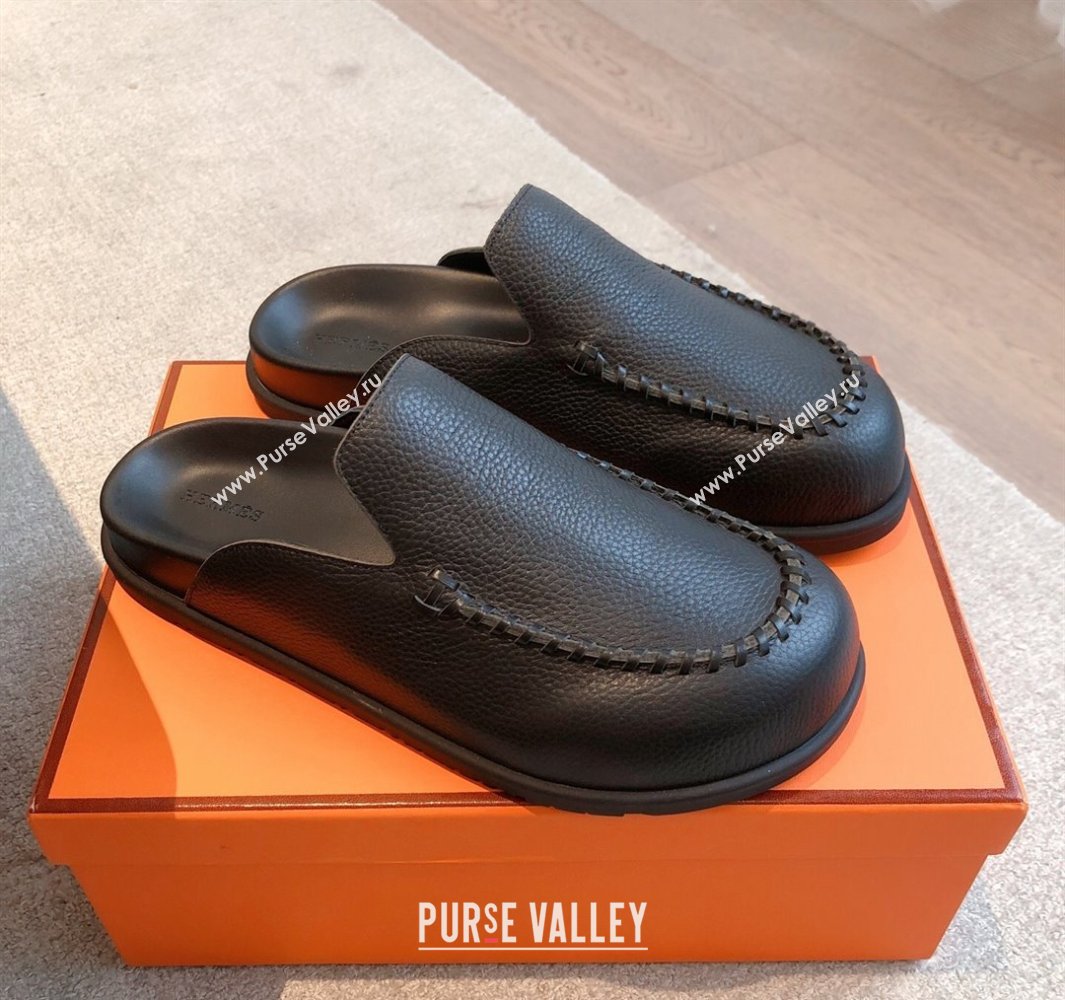 Hermes Johan Flat Mules in Grained Calfskin Black 2025 0418 (XC-250418114)