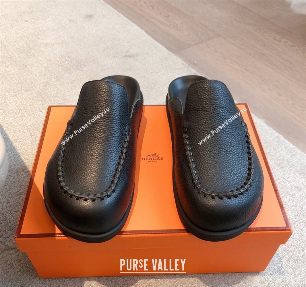 Hermes Johan Flat Mules in Grained Calfskin Black 2025 0418 (XC-250418114)