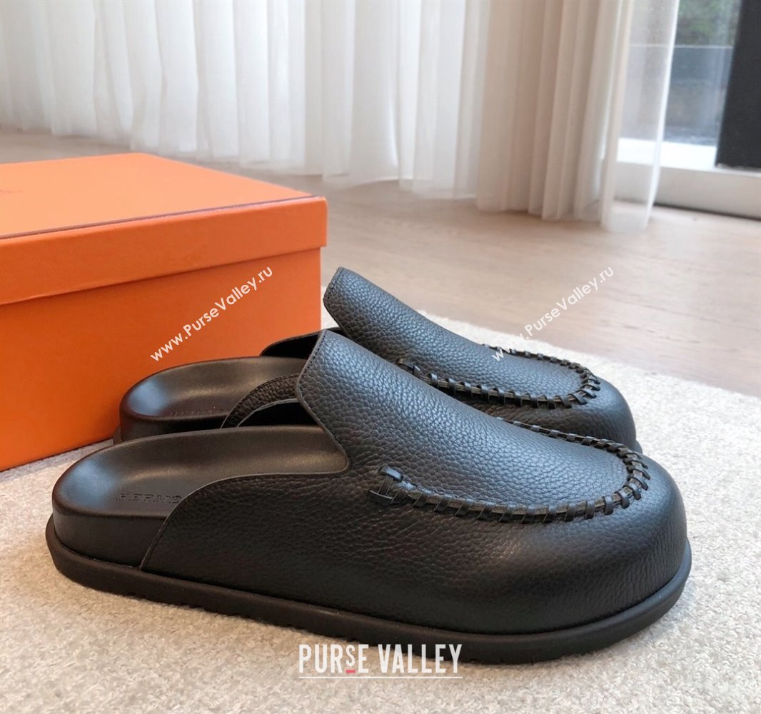Hermes Johan Flat Mules in Grained Calfskin Black 2025 0418 (XC-250418114)
