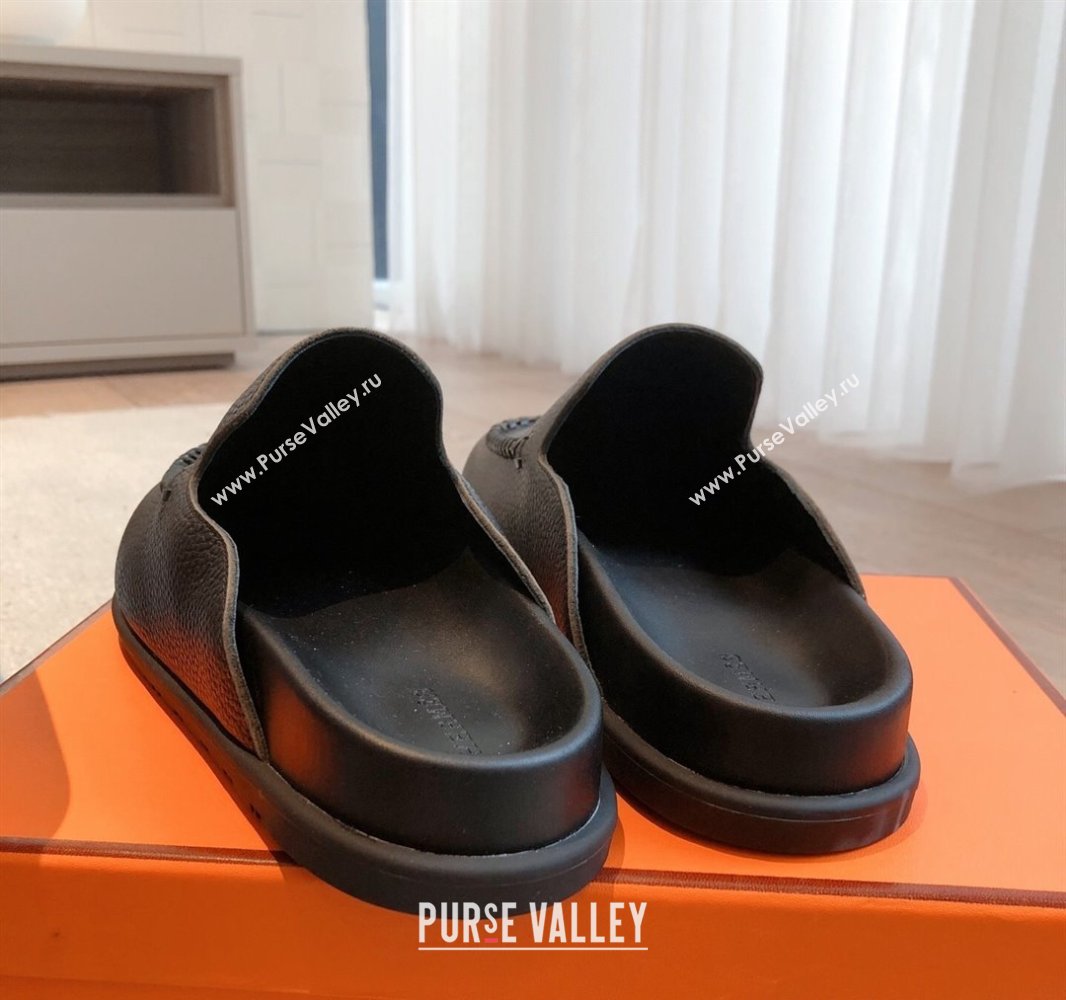 Hermes Johan Flat Mules in Grained Calfskin Black 2025 0418 (XC-250418114)