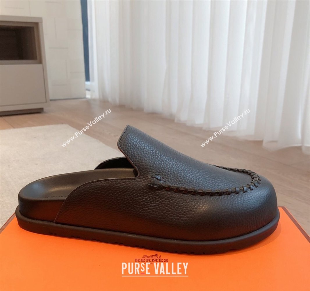 Hermes Johan Flat Mules in Grained Calfskin Black 2025 0418 (XC-250418114)