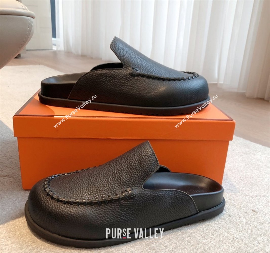 Hermes Johan Flat Mules in Grained Calfskin Black 2025 0418 (XC-250418114)