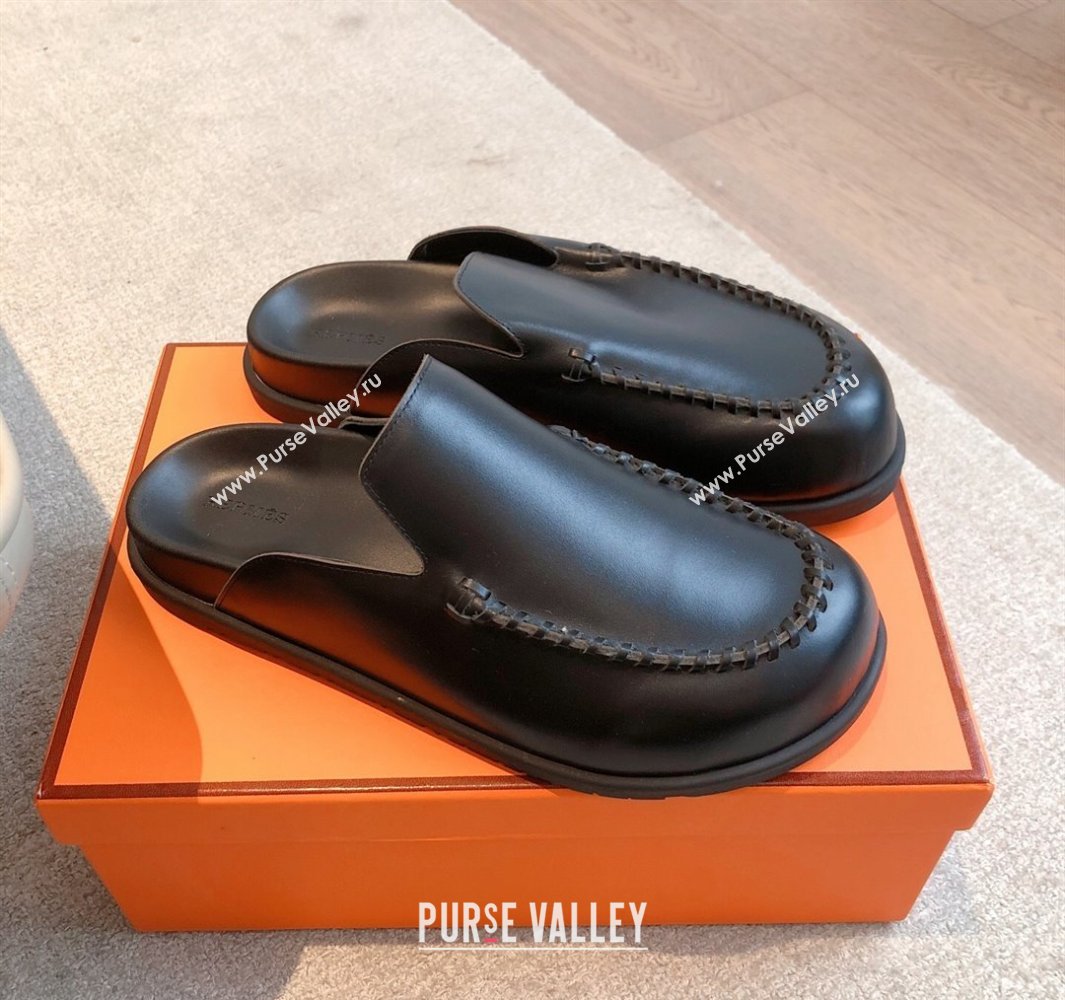 Hermes Johan Flat Mules in Calfskin Leather Black 2025 0418 (XC-250418115)