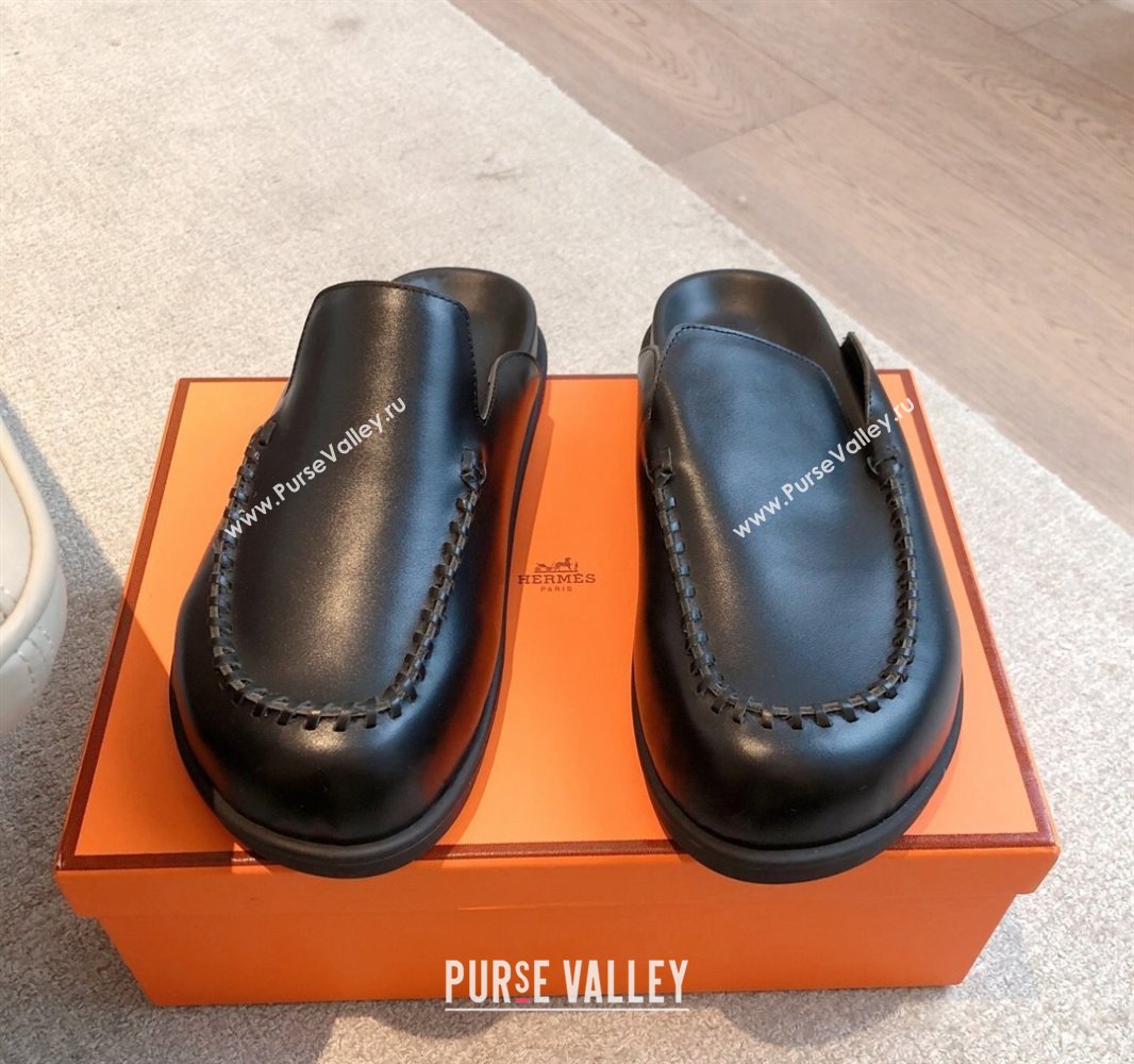 Hermes Johan Flat Mules in Calfskin Leather Black 2025 0418 (XC-250418115)