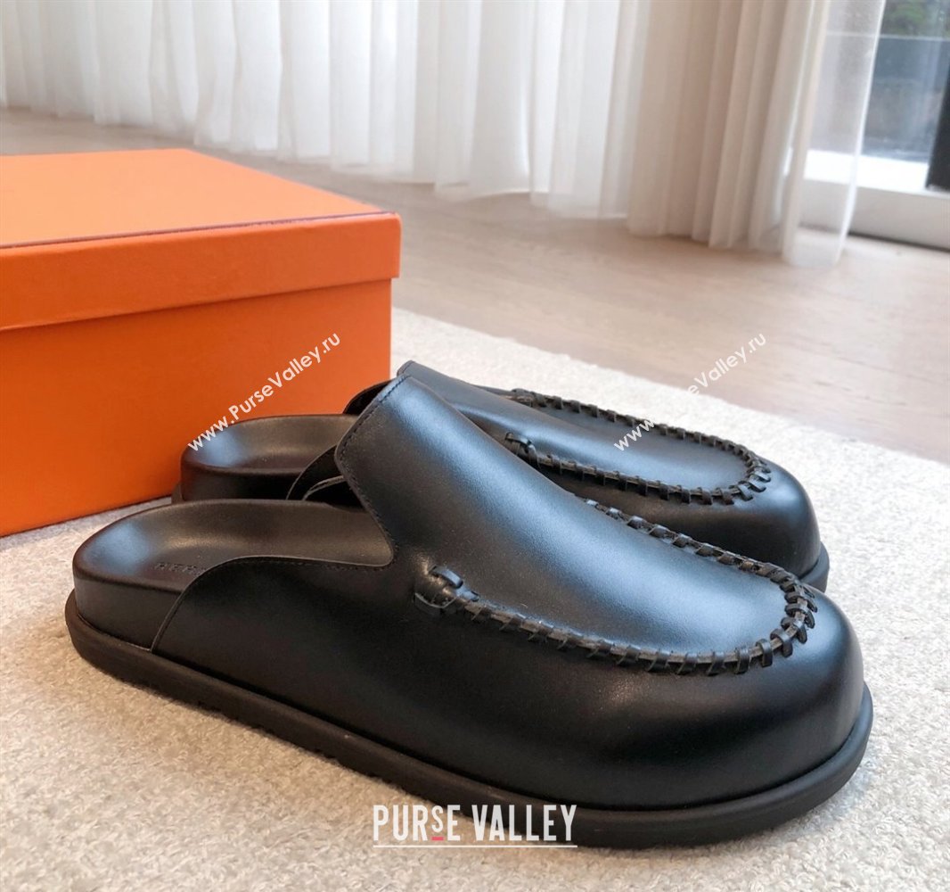Hermes Johan Flat Mules in Calfskin Leather Black 2025 0418 (XC-250418115)