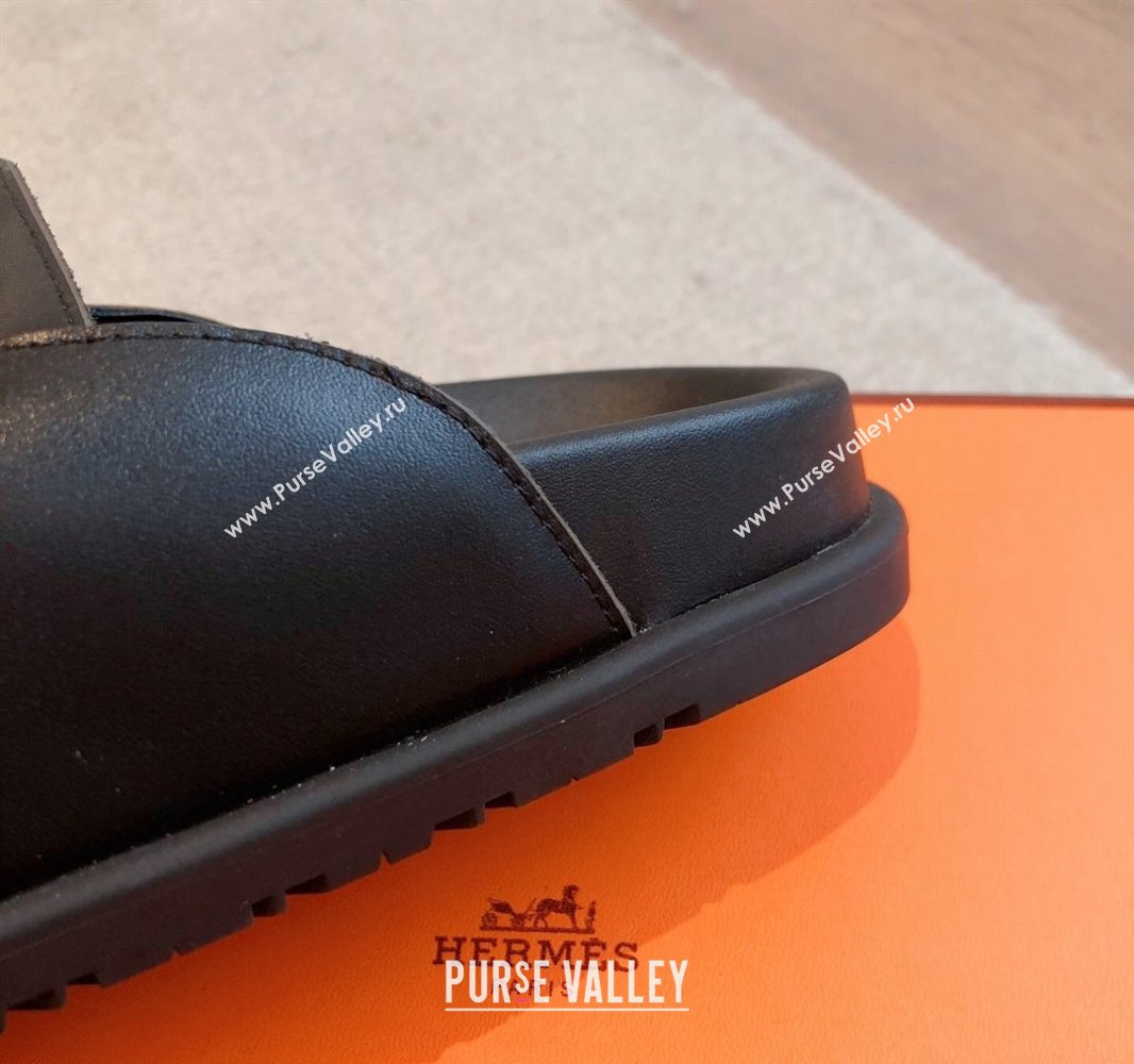 Hermes Johan Flat Mules in Calfskin Leather Black 2025 0418 (XC-250418115)