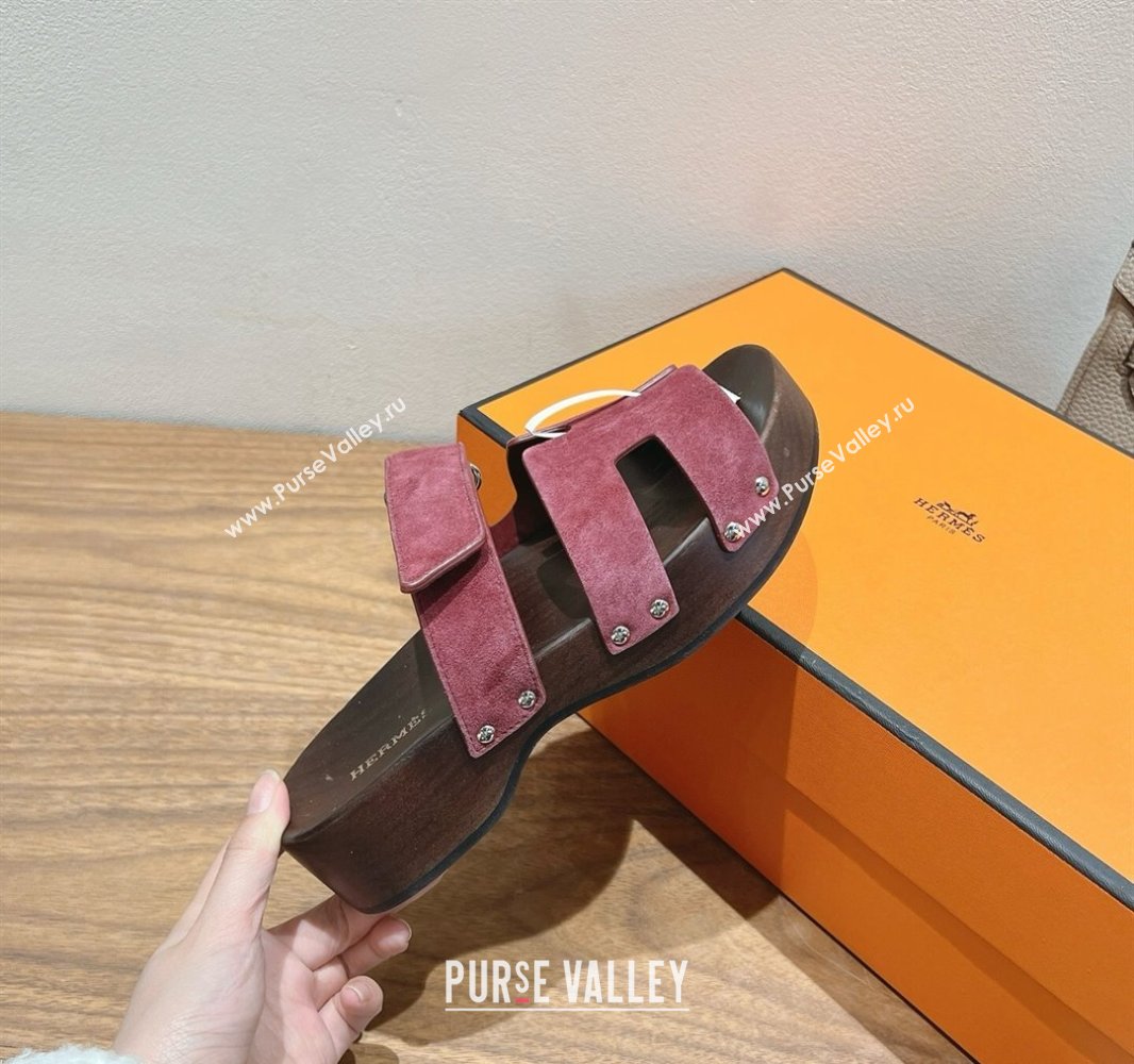 Hermes Kos Clog Slides Sandal 4cm in Suede and Wood Outsole Purple 2025 0419 (XC-250419031)