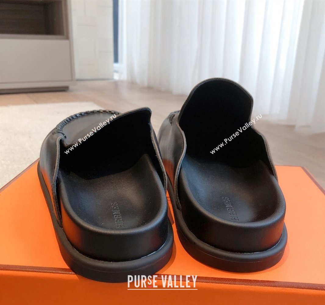 Hermes Johan Flat Mules in Calfskin Leather Black 2025 0418 (XC-250418115)