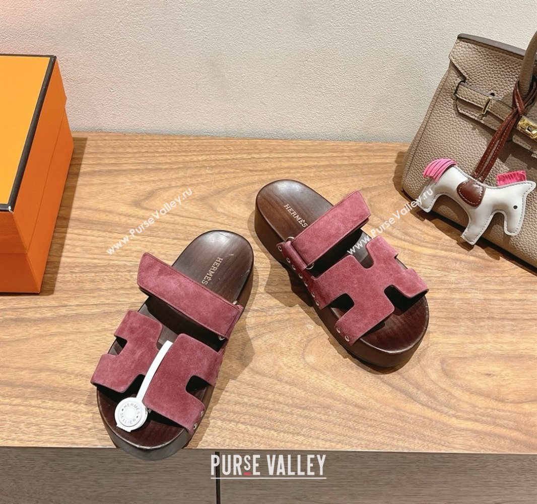Hermes Kos Clog Slides Sandal 4cm in Suede and Wood Outsole Purple 2025 0419 (XC-250419031)
