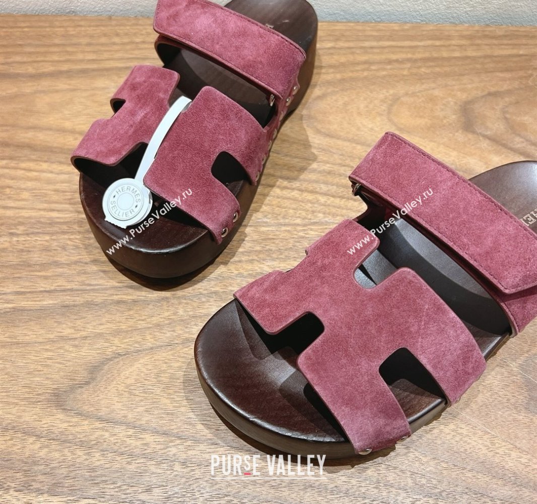 Hermes Kos Clog Slides Sandal 4cm in Suede and Wood Outsole Purple 2025 0419 (XC-250419031)