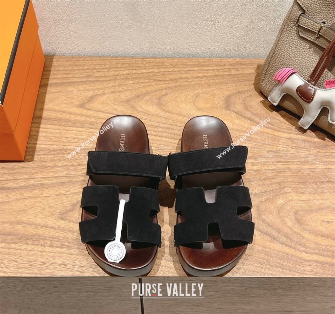Hermes Kos Clog Slides Sandal 4cm in Suede and Wood Outsole Black 2025 0419 (XC-250419032)